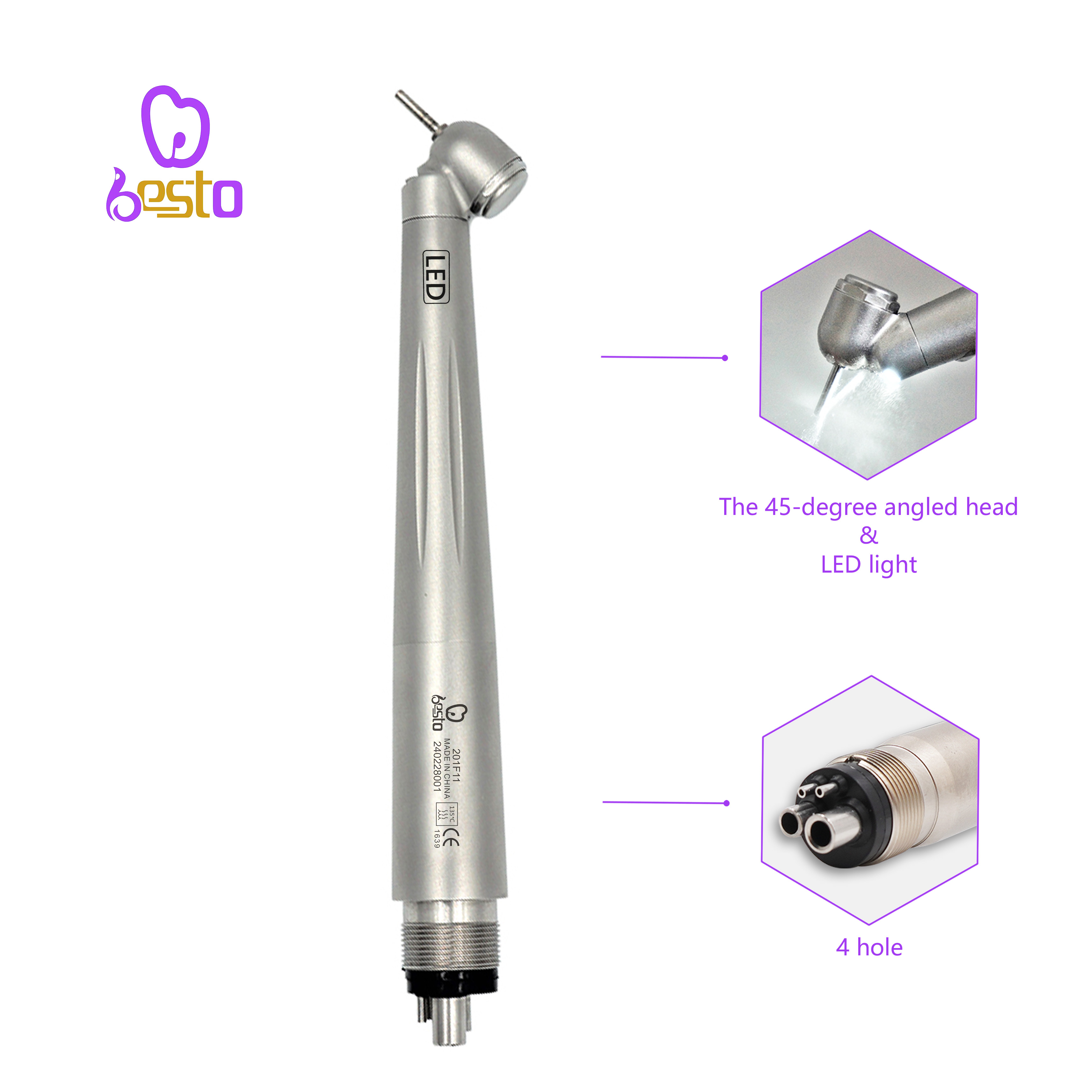 Dental E-generator LED 45 Degree Surgical Handpiece 4 Holes Dental Air Turbine Tips