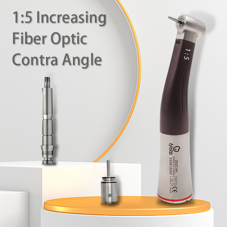 Dental Increase Contra Angle Handpiece 1:5 Fiber Optic Low Speed Contra Angle New Design Brown Color Fit E-type Electric Motor