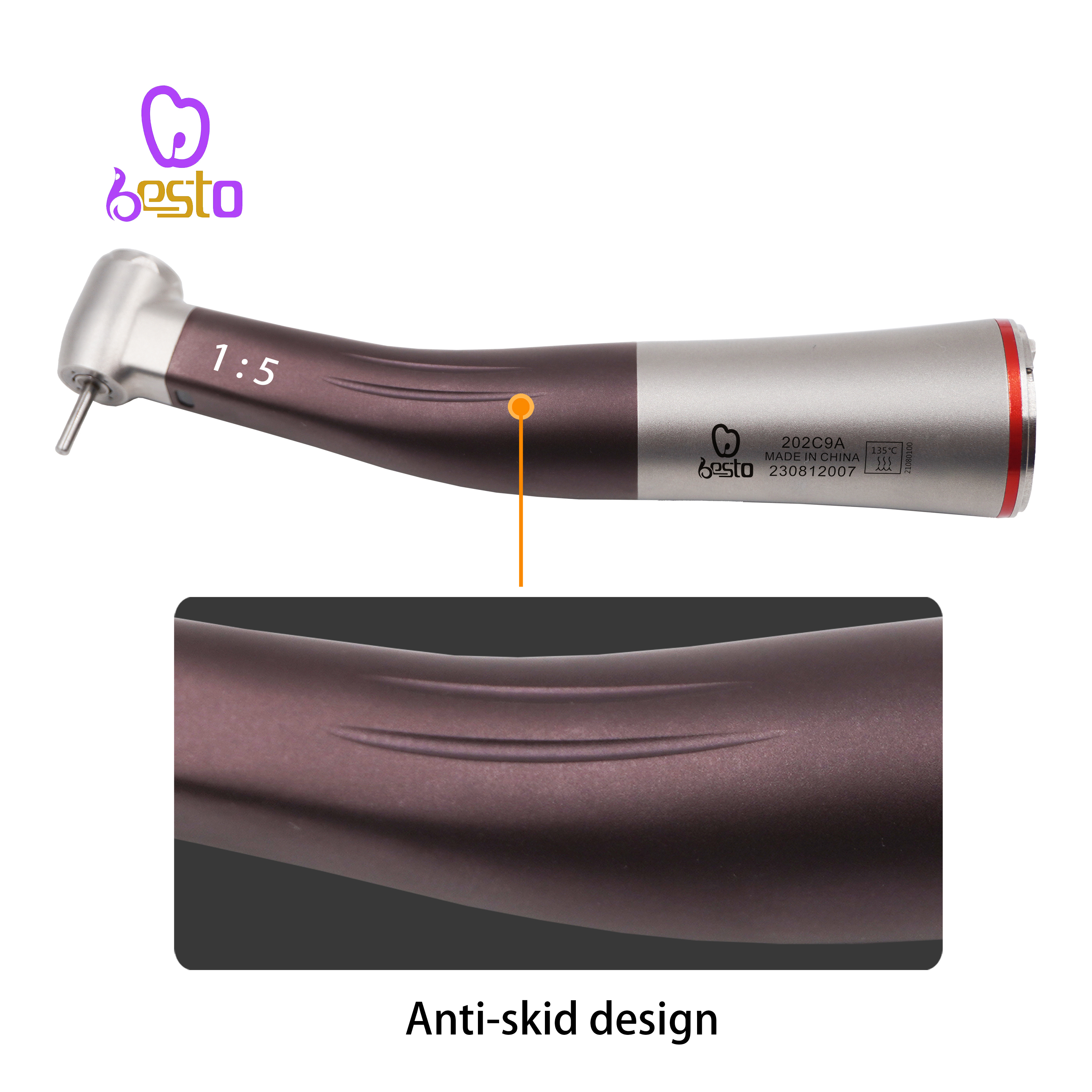 Dental Increase Contra Angle Handpiece 1:5 Fiber Optic Low Speed Contra Angle New Design Brown Color Fit E-type Electric Motor