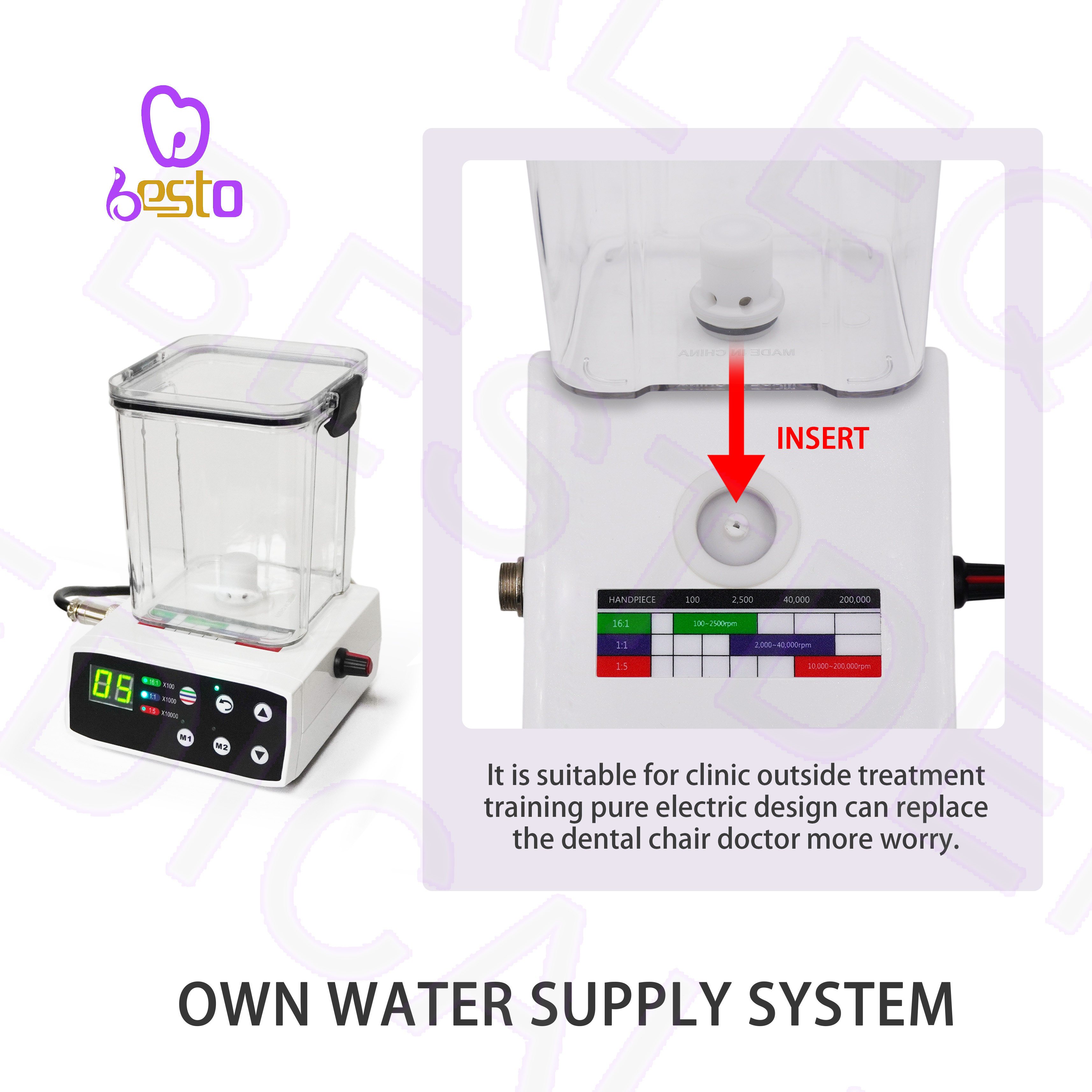 Dental Equipment with Electric Motor and Fiber Optic Water Tank Turbine Powered
